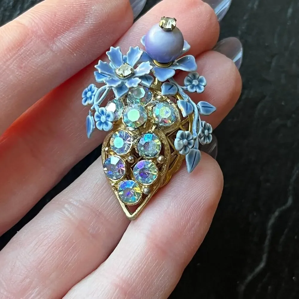 Vintage Gold Tone Floral Blueberry Bush Brooch Blue Flowers AB stones